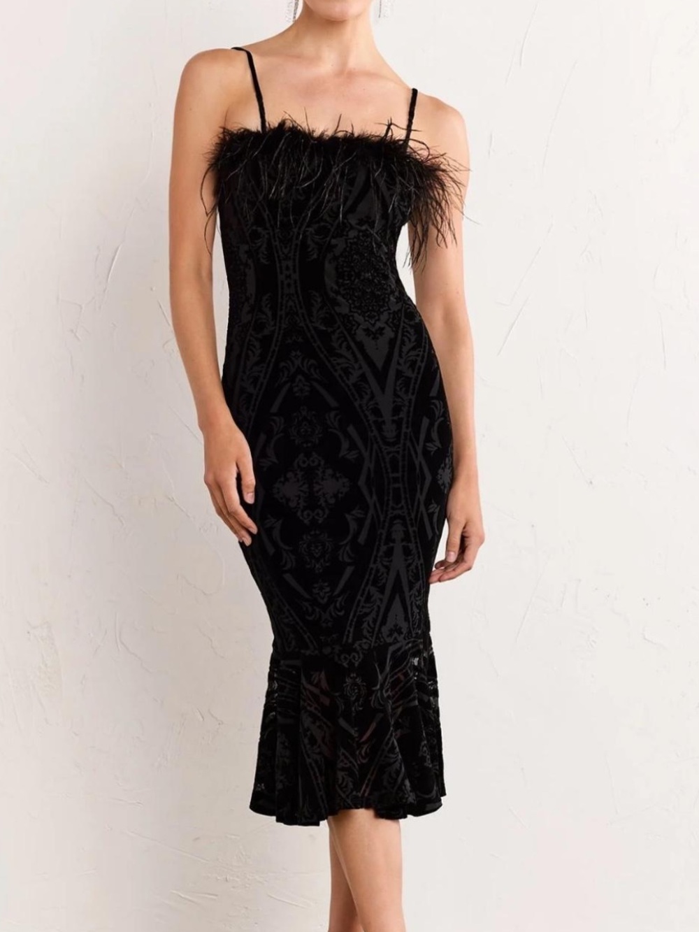 New York & Company Black Feather-Trim Velvet Midi Dress